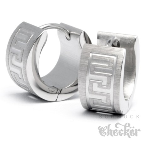 Edelstahl Herren Ohrringe Klapp-Creolen Silber Gebürstet Mäander Gravur 13mm Ø