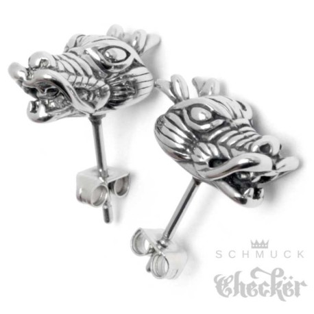 Edelstahl Herren Ohrringe Drachen Ohrstecker silber asiatischer Drache Männer Bikerschmuck