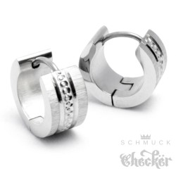 Edelstahl Ohrringe Klapp-Creolen Silber Gebürstet mit Muster graviert 13mm Ø Neu