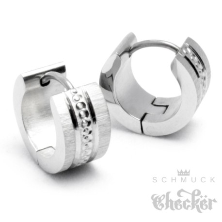 Edelstahl Ohrringe Klapp-Creolen Silber Gebürstet mit Muster graviert 13mm Ø Neu